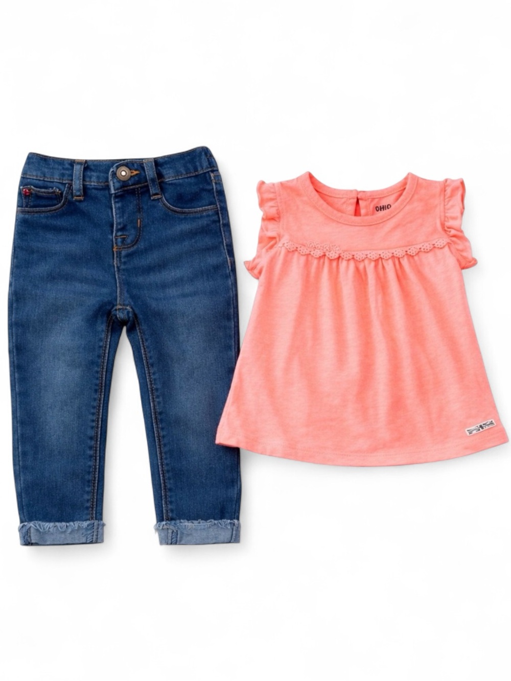 Hudson 24M Baby Girl Outfit Denim Jeans Coral Ruffle Top Outfit